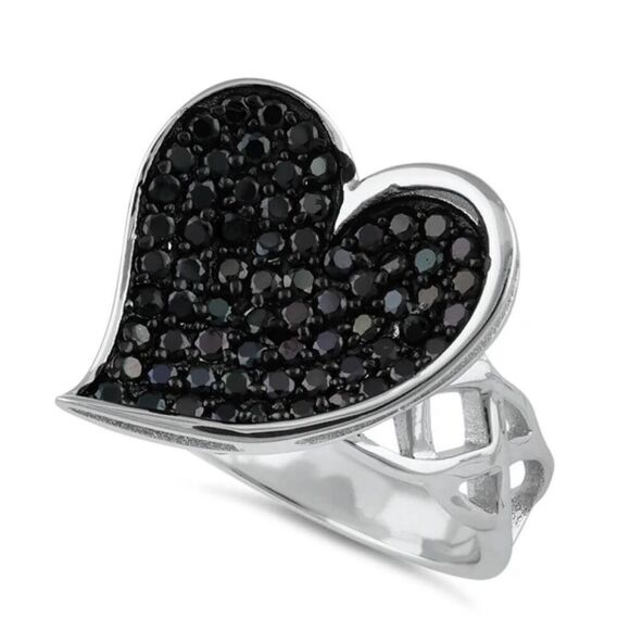 Sterling Silver CZ Black Heart Fine Ring – Elegant Contrast & Intricate Design - Picture 1 of 5